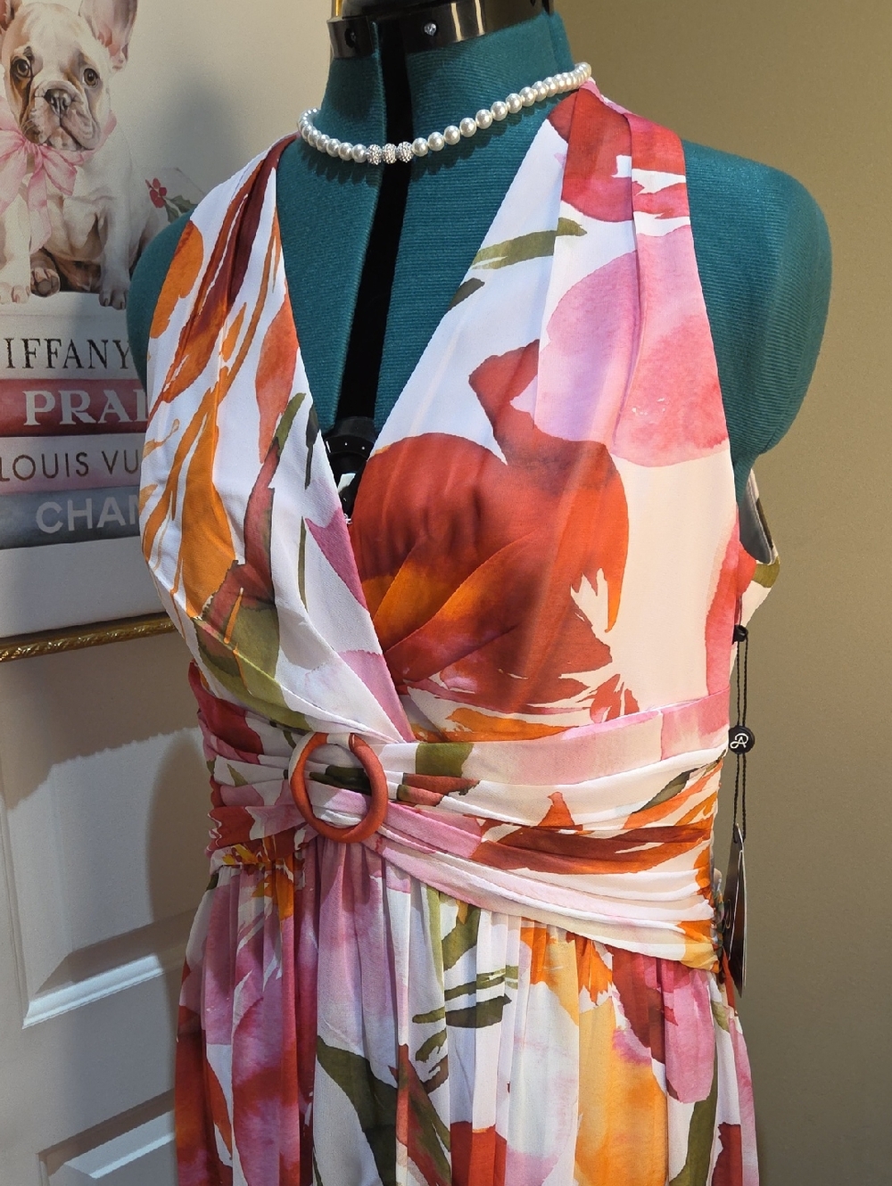 Nwt 14 $ 199 Adrianna Papell Pink & Orange Floral Halter Maxi Dress - Picture 10 of 17
